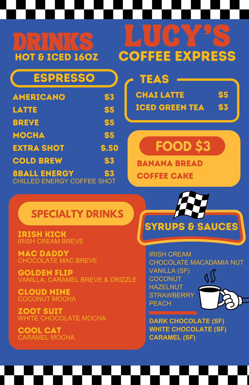 Lucy's Coffee Express full drink menu — espresso, specialty drinks, teas, and food