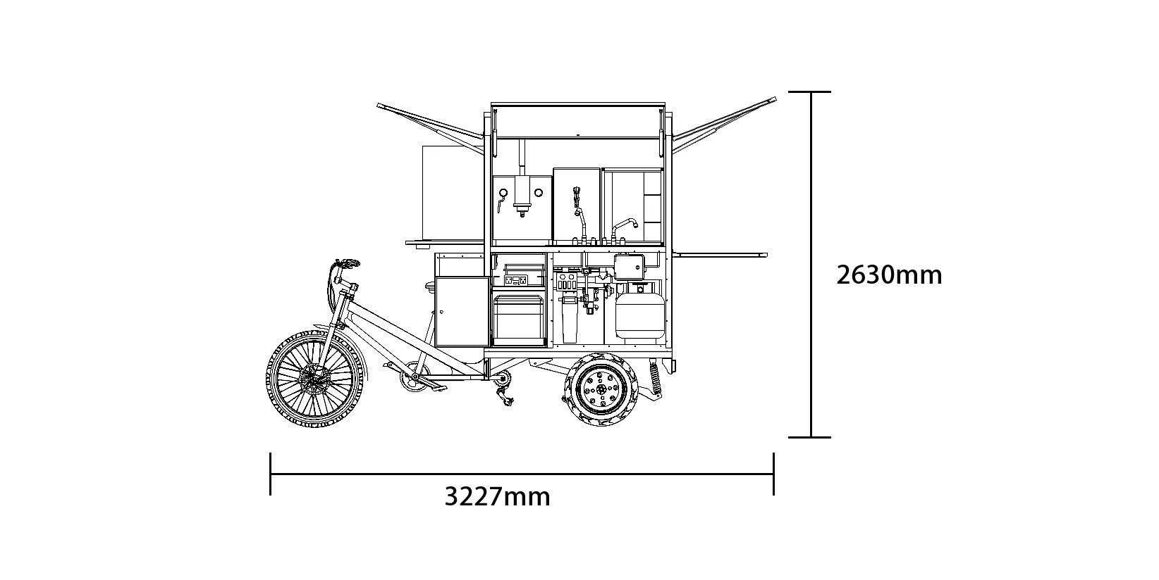 Side-view schematic of the Lucy's Coffee Express coffee bike: 3227mm long, 2630mm tall